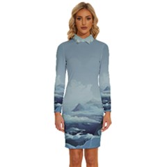 Mountain Covered Snow Mountains Clouds Fantasy Art Long Sleeve Shirt Collar Bodycon Dress