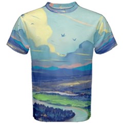 Mountains And Trees Illustration Painting Clouds Sky Landscape Men s Cotton T-shirt by Cendanart