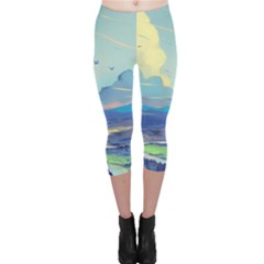 Mountains And Trees Illustration Painting Clouds Sky Landscape Capri Leggings 