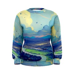 Mountains And Trees Illustration Painting Clouds Sky Landscape Women s Sweatshirt by Cendanart