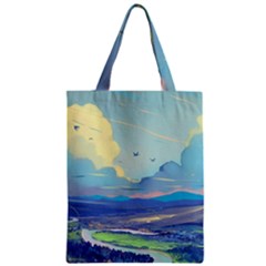 Mountains And Trees Illustration Painting Clouds Sky Landscape Zipper Classic Tote Bag