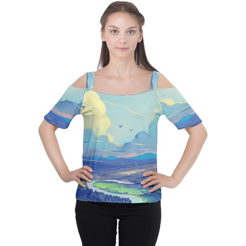 Mountains And Trees Illustration Painting Clouds Sky Landscape Cutout Shoulder T-shirt by Cendanart