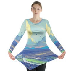 Mountains And Trees Illustration Painting Clouds Sky Landscape Long Sleeve Tunic  by Cendanart