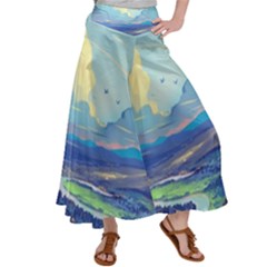 Mountains And Trees Illustration Painting Clouds Sky Landscape Women s Satin Palazzo Pants by Cendanart