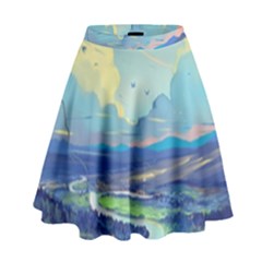 Mountains And Trees Illustration Painting Clouds Sky Landscape High Waist Skirt