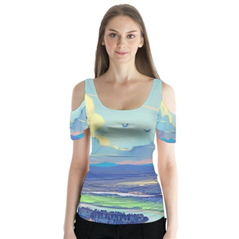 Mountains And Trees Illustration Painting Clouds Sky Landscape Butterfly Sleeve Cutout T-shirt  by Cendanart