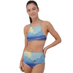 Mountains And Trees Illustration Painting Clouds Sky Landscape Halter Tankini Set by Cendanart