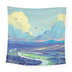 Mountains And Trees Illustration Painting Clouds Sky Landscape Square Tapestry (large) by Cendanart