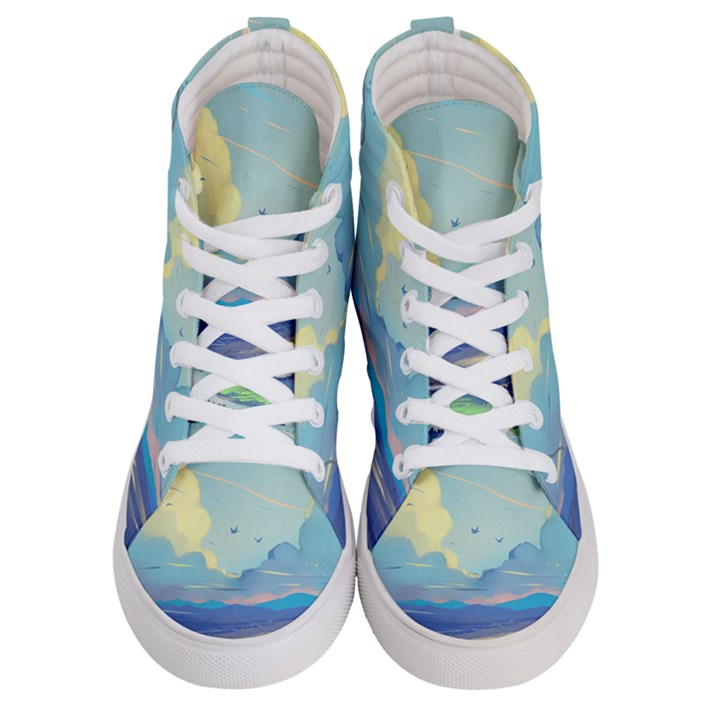 Mountains And Trees Illustration Painting Clouds Sky Landscape Men s Hi-Top Skate Sneakers