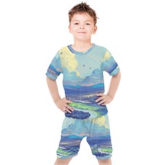 Mountains And Trees Illustration Painting Clouds Sky Landscape Kids  T-shirt And Shorts Set by Cendanart