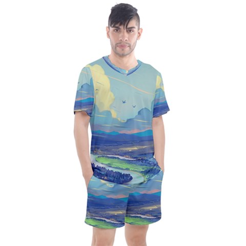 Mountains And Trees Illustration Painting Clouds Sky Landscape Men s Mesh T-shirt And Shorts Set by Cendanart