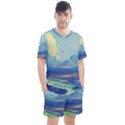 Mountains And Trees Illustration Painting Clouds Sky Landscape Men s Mesh T-Shirt and Shorts Set View1