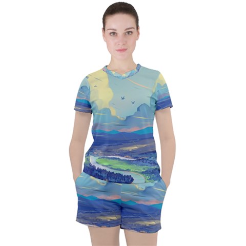 Mountains And Trees Illustration Painting Clouds Sky Landscape Women s T-shirt And Shorts Set by Cendanart