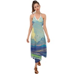 Mountains And Trees Illustration Painting Clouds Sky Landscape Halter Tie Back Dress 