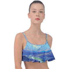 Mountains And Trees Illustration Painting Clouds Sky Landscape Frill Bikini Top by Cendanart