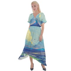 Mountains And Trees Illustration Painting Clouds Sky Landscape Cross Front Sharkbite Hem Maxi Dress