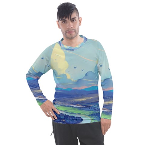 Mountains And Trees Illustration Painting Clouds Sky Landscape Men s Pique Long Sleeve T-shirt by Cendanart