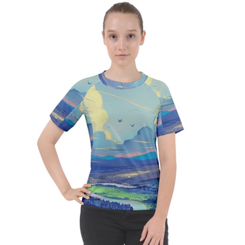 Mountains And Trees Illustration Painting Clouds Sky Landscape Women s Sport Raglan T-shirt by Cendanart