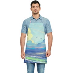 Mountains And Trees Illustration Painting Clouds Sky Landscape Kitchen Apron by Cendanart