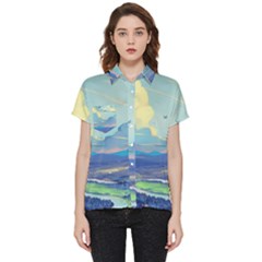 Mountains And Trees Illustration Painting Clouds Sky Landscape Short Sleeve Pocket Shirt by Cendanart