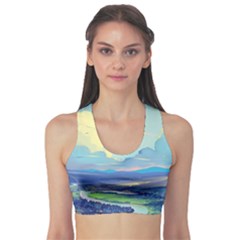 Mountains And Trees Illustration Painting Clouds Sky Landscape Fitness Sports Bra by Cendanart