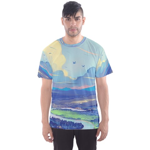 Mountains And Trees Illustration Painting Clouds Sky Landscape Men s Sport Mesh T-shirt by Cendanart