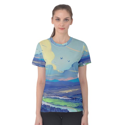 Mountains And Trees Illustration Painting Clouds Sky Landscape Women s Cotton T-shirt by Cendanart