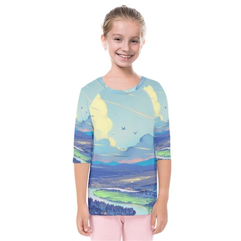 Mountains And Trees Illustration Painting Clouds Sky Landscape Kids  Quarter Sleeve Raglan T-shirt by Cendanart