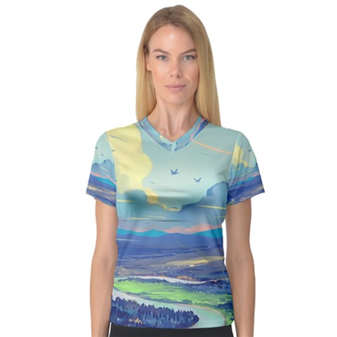 Mountains And Trees Illustration Painting Clouds Sky Landscape V-neck Sport Mesh T-shirt by Cendanart