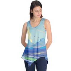 Mountains And Trees Illustration Painting Clouds Sky Landscape Sleeveless Tunic by Cendanart