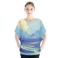 Mountains And Trees Illustration Painting Clouds Sky Landscape Batwing Chiffon Blouse