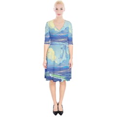 Mountains And Trees Illustration Painting Clouds Sky Landscape Wrap Up Cocktail Dress by Cendanart