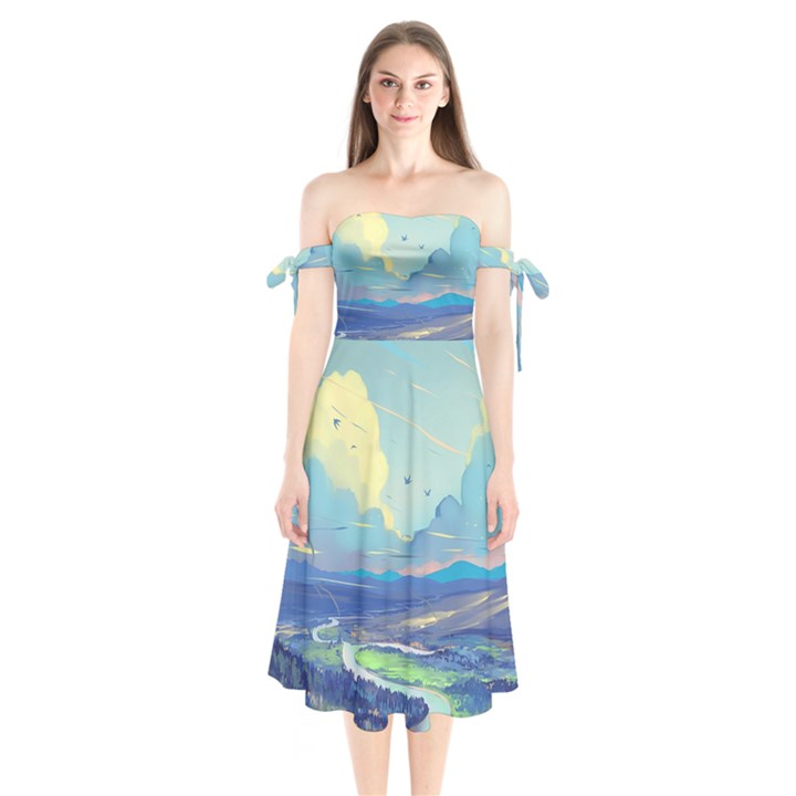 Mountains And Trees Illustration Painting Clouds Sky Landscape Shoulder Tie Bardot Midi Dress