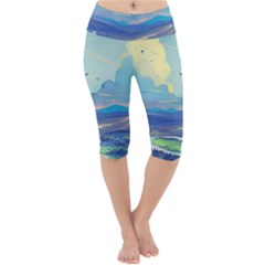 Mountains And Trees Illustration Painting Clouds Sky Landscape Lightweight Velour Cropped Yoga Leggings by Cendanart