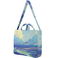 Mountains And Trees Illustration Painting Clouds Sky Landscape Square Shoulder Tote Bag by Cendanart