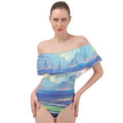 Mountains And Trees Illustration Painting Clouds Sky Landscape Off Shoulder Velour Bodysuit  by Cendanart