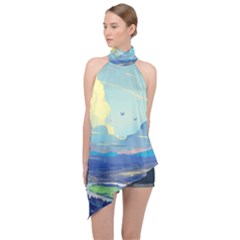 Mountains And Trees Illustration Painting Clouds Sky Landscape Halter Asymmetric Satin Top