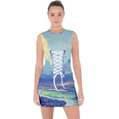 Mountains And Trees Illustration Painting Clouds Sky Landscape Lace Up Front Bodycon Dress by Cendanart