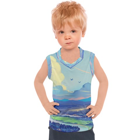 Mountains And Trees Illustration Painting Clouds Sky Landscape Kids  Sport Tank Top by Cendanart