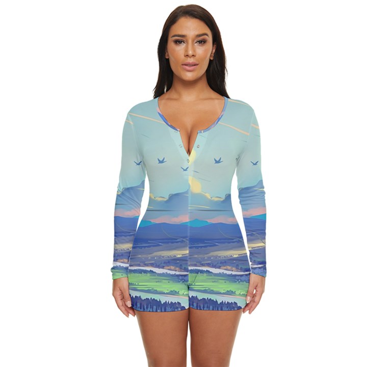 Mountains And Trees Illustration Painting Clouds Sky Landscape Long Sleeve Boyleg Swimsuit