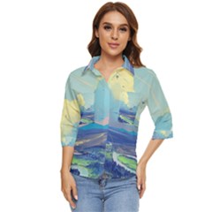 Mountains And Trees Illustration Painting Clouds Sky Landscape Women s Quarter Sleeve Pocket Shirt