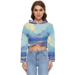 Mountains And Trees Illustration Painting Clouds Sky Landscape Women s Lightweight Cropped Hoodie by Cendanart