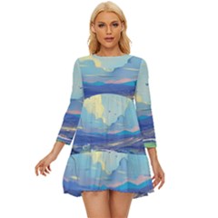 Mountains And Trees Illustration Painting Clouds Sky Landscape Long Sleeve Babydoll Dress