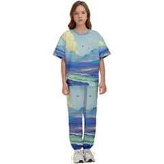 Mountains And Trees Illustration Painting Clouds Sky Landscape Kids  T-shirt And Pants Sports Set