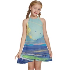 Mountains And Trees Illustration Painting Clouds Sky Landscape Kids  Halter Collar Waist Tie Chiffon Dress