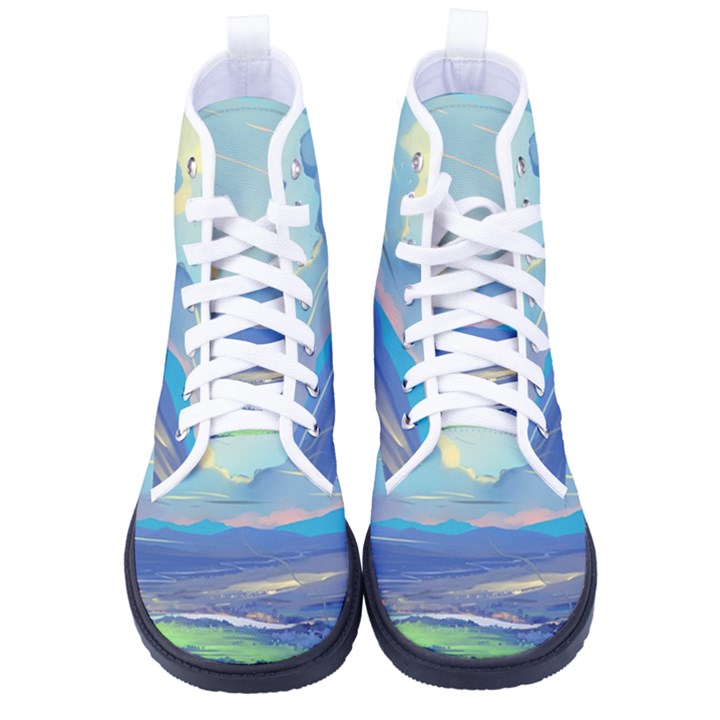 Mountains And Trees Illustration Painting Clouds Sky Landscape Kid s High-Top Canvas Sneakers