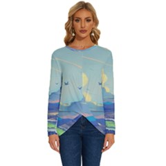 Mountains And Trees Illustration Painting Clouds Sky Landscape Long Sleeve Crew Neck Pullover Top