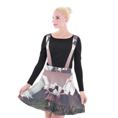 White And Brown Mountain Illustration Digital Art Suspender Skater Skirt by Cendanart