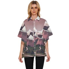 White And Brown Mountain Illustration Digital Art Women s Batwing Button Up Shirt