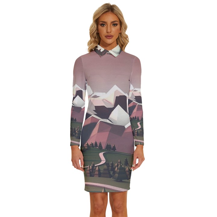 White And Brown Mountain Illustration Digital Art Long Sleeve Shirt Collar Bodycon Dress